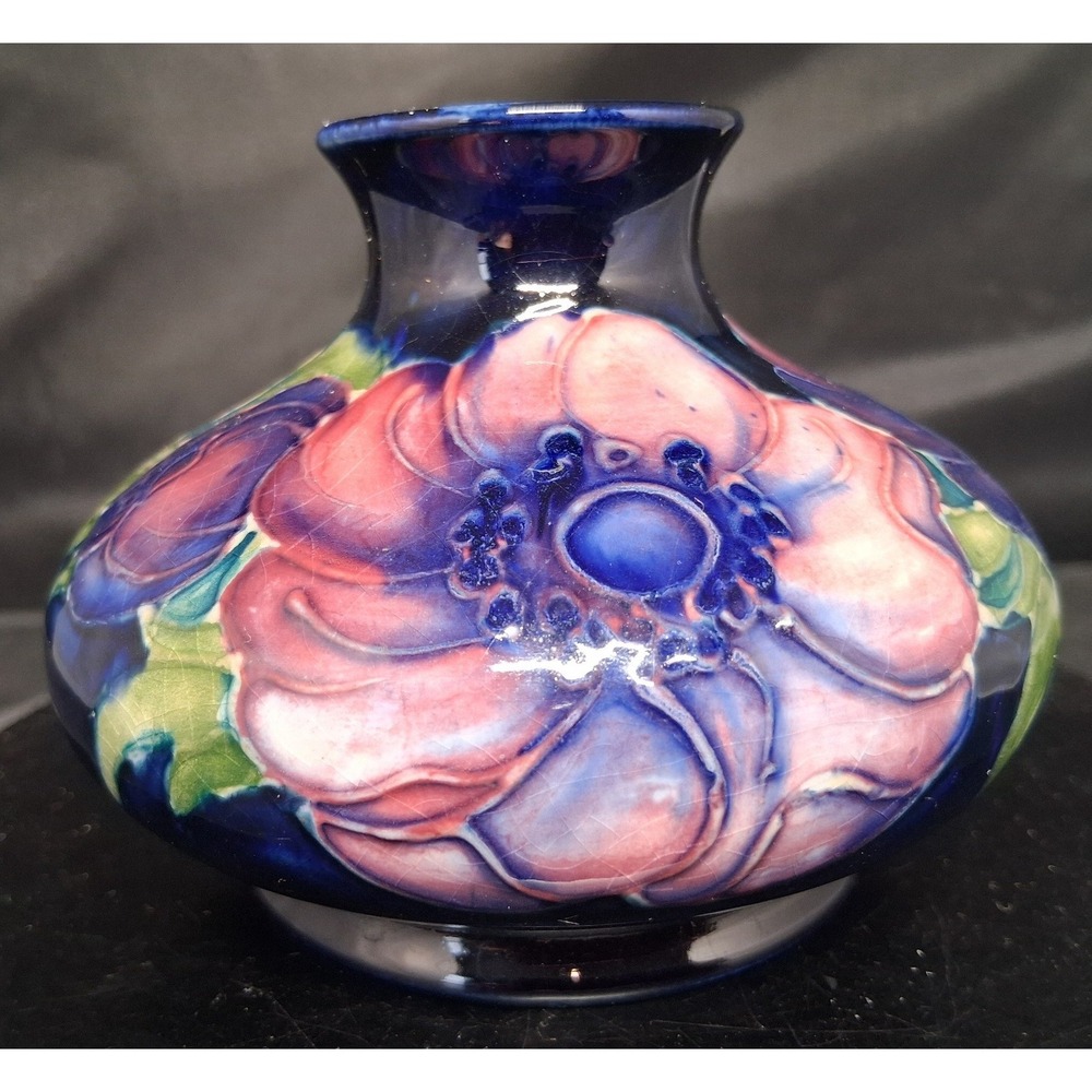 Moorcroft Anemone Vase Cobalt Blue Vintage Art Pottery Squat Bulbous Floral